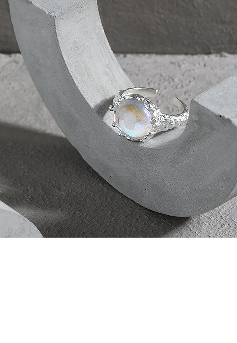 925 Sterling Silver Fashion Simple Geometric Round Moonstone Adjustable Opening Ring