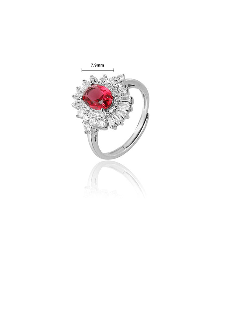 925 Sterling Silver Elegant Bright Flower Red Cubic Zirconia Adjustable Ring - Luxurious Look - Vibrant Color