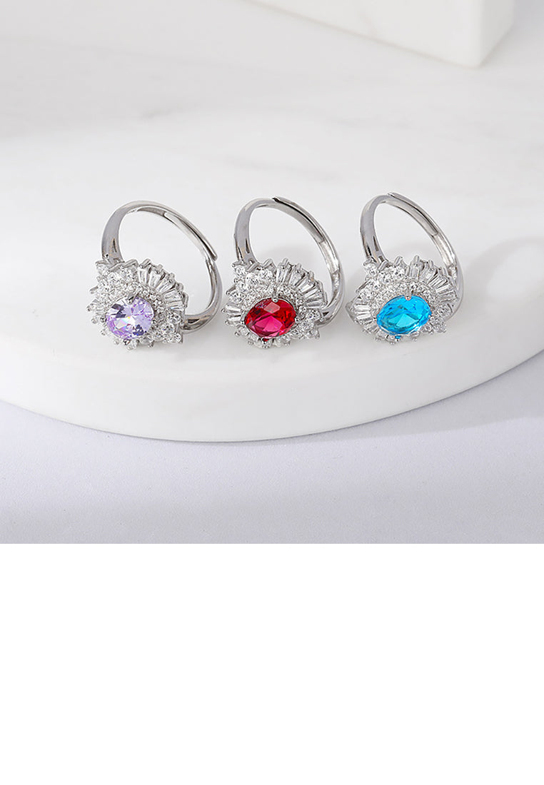 925 Sterling Silver Elegant Bright Flower Red Cubic Zirconia Adjustable Ring - Luxurious Look - Vibrant Color