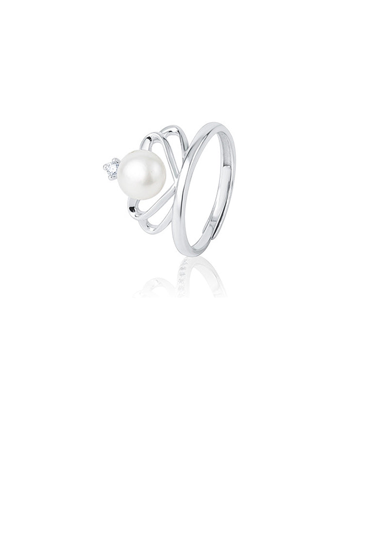 925 Sterling Silver Simple Temperament Heart-shaped Crown Freshwater Pearl Adjustable Ring with Cubic Zirconia - Luxurious Look
