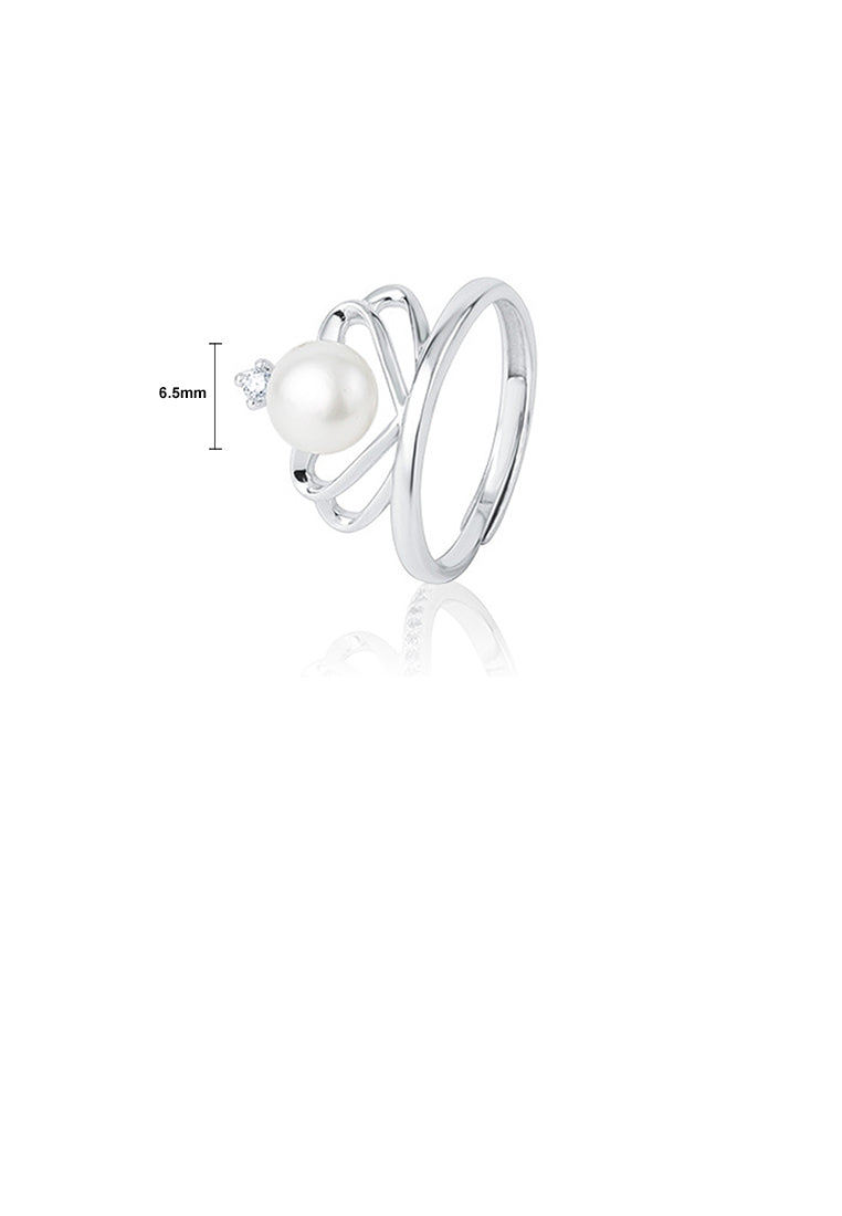 925 Sterling Silver Simple Temperament Heart-shaped Crown Freshwater Pearl Adjustable Ring with Cubic Zirconia - Luxurious Look