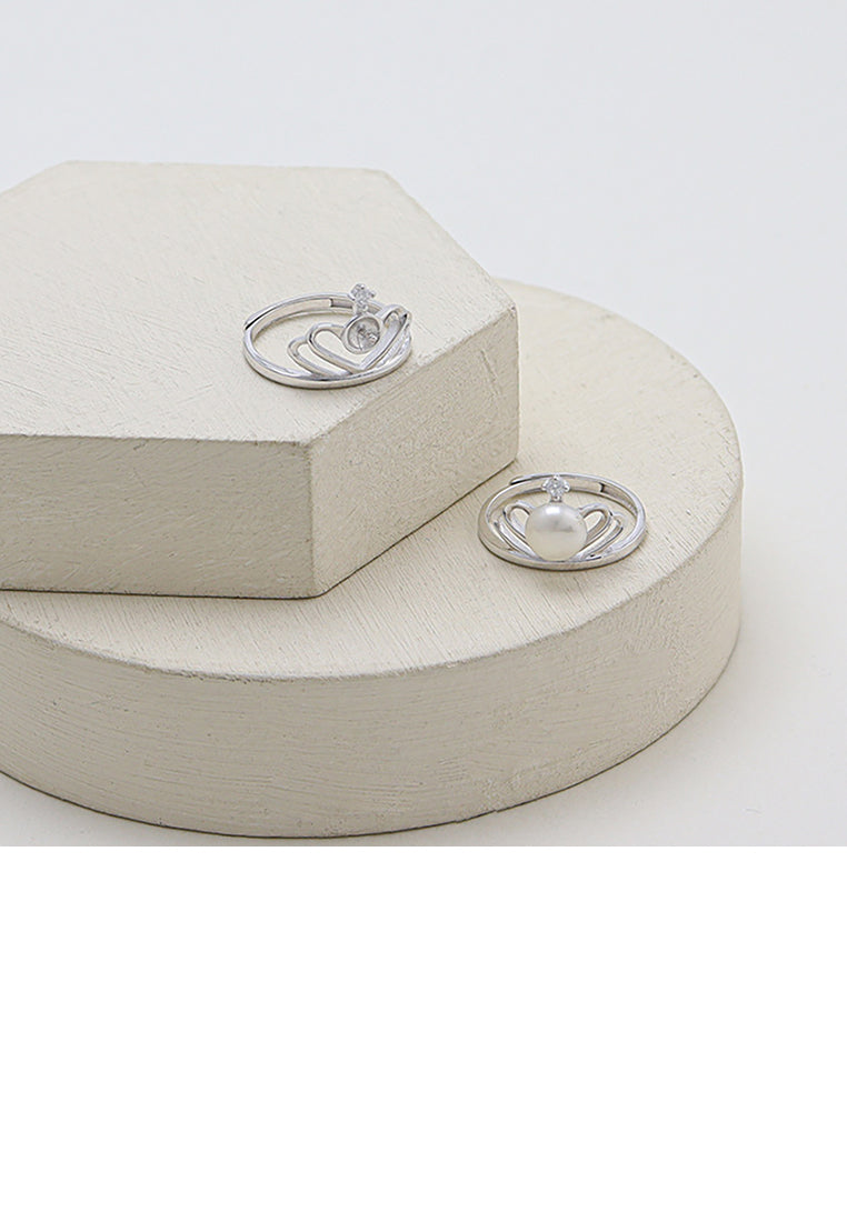 925 Sterling Silver Simple Temperament Heart-shaped Crown Freshwater Pearl Adjustable Ring with Cubic Zirconia - Luxurious Look