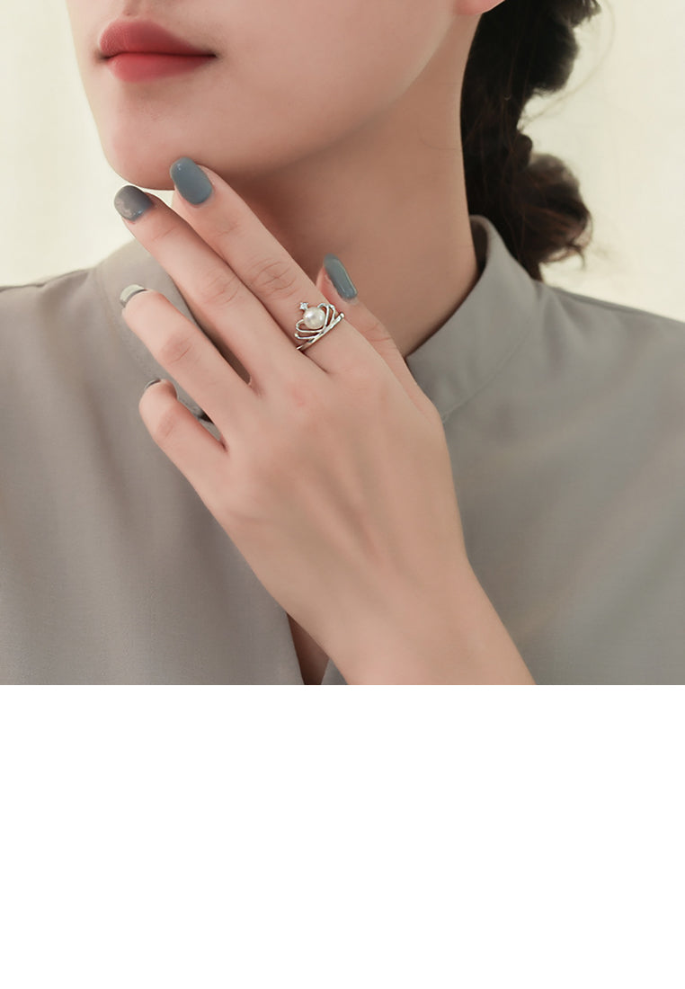 925 Sterling Silver Simple Temperament Heart-shaped Crown Freshwater Pearl Adjustable Ring with Cubic Zirconia - Luxurious Look
