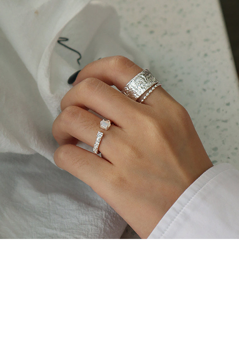 925 Sterling Silver Fashion Simple Pattern Imitating Opal Geometric Adjustable Open Ring