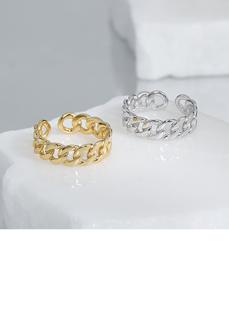 925 Sterling Silver Plated Gold Fashion Simple Twist Chain Geometric Round Adjustable Open Ring