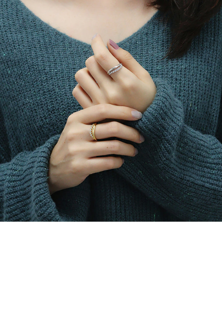 925 Sterling Silver Simple Temperament Ripple Geometric Adjustable Ring with Cubic Zirconia - Luxurious Look