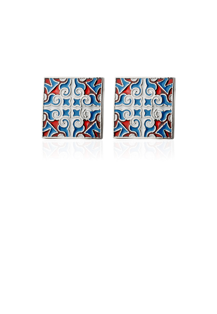 Fashion Vintage Enamel Blue Pattern Geometric Square Cufflinks