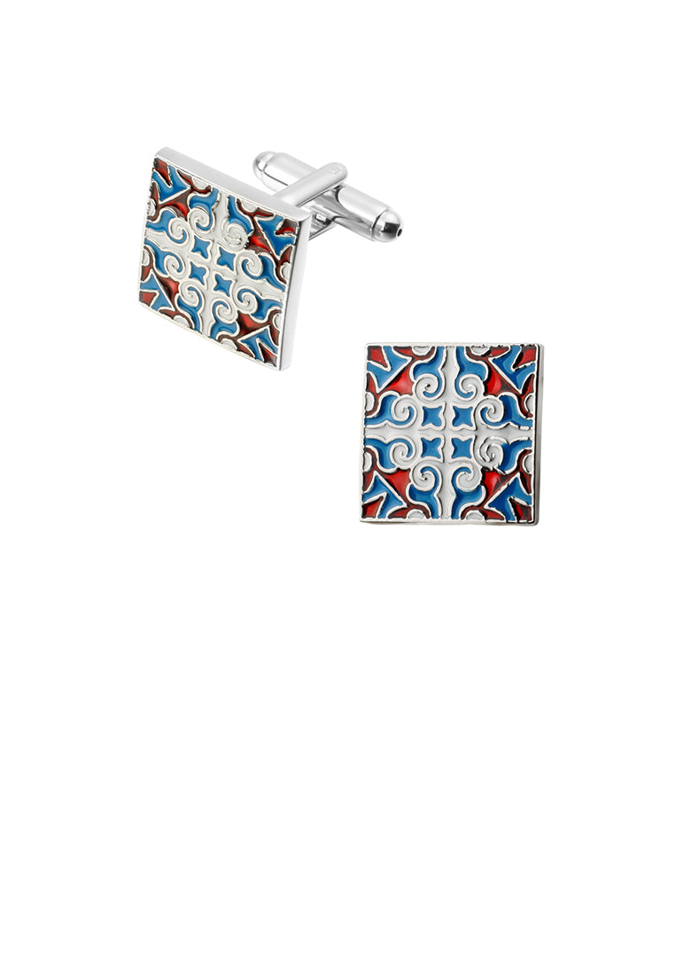 Fashion Vintage Enamel Blue Pattern Geometric Square Cufflinks