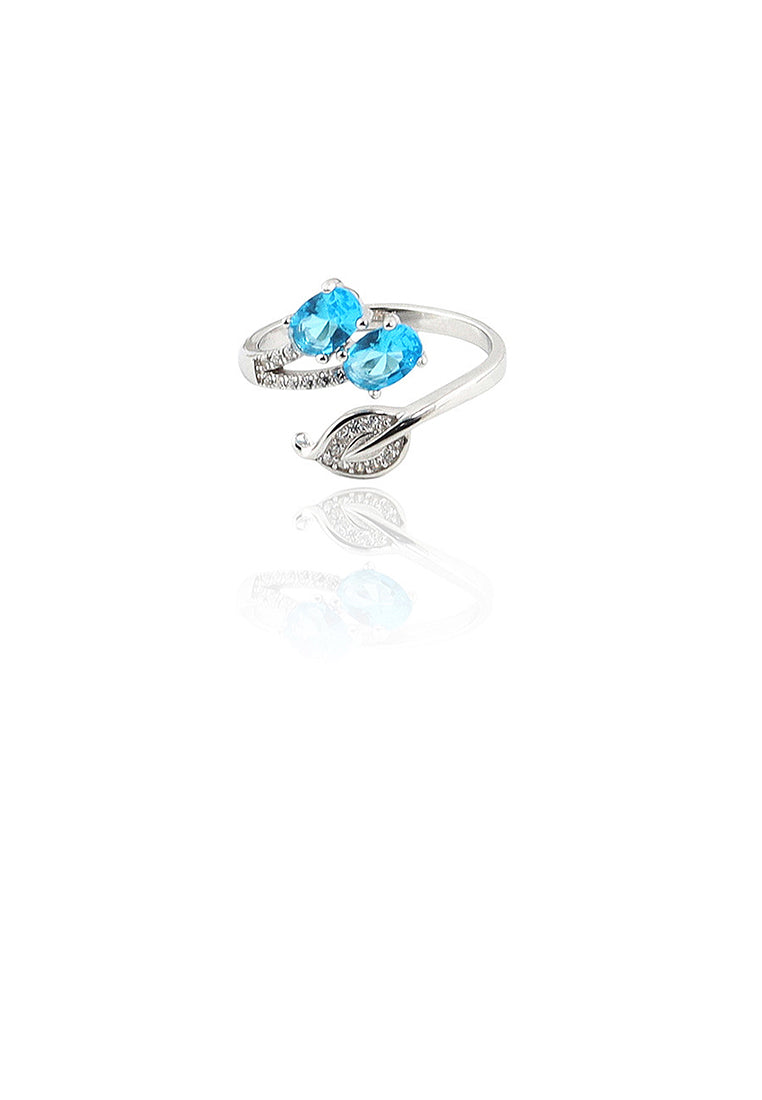 925 Sterling Silver Simple Fashion Leaf Adjustable Opening Ring with Blue Cubic Zirconia - Luxurious Look