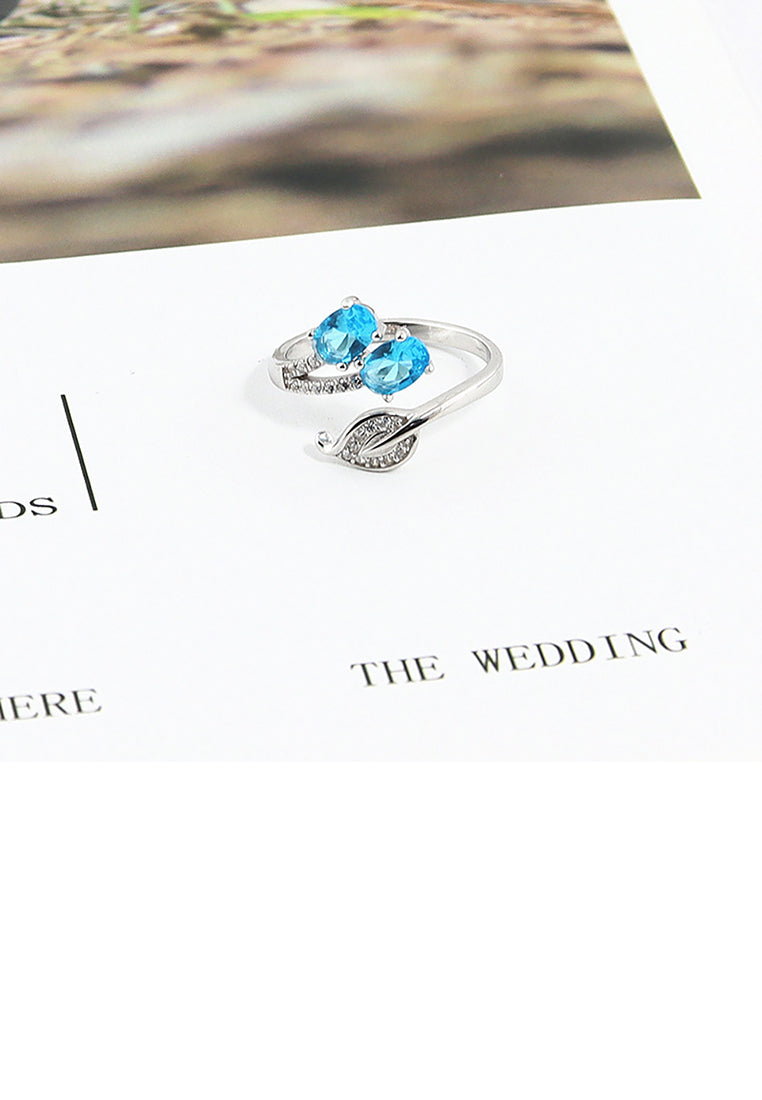 925 Sterling Silver Simple Fashion Leaf Adjustable Opening Ring with Blue Cubic Zirconia - Luxurious Look