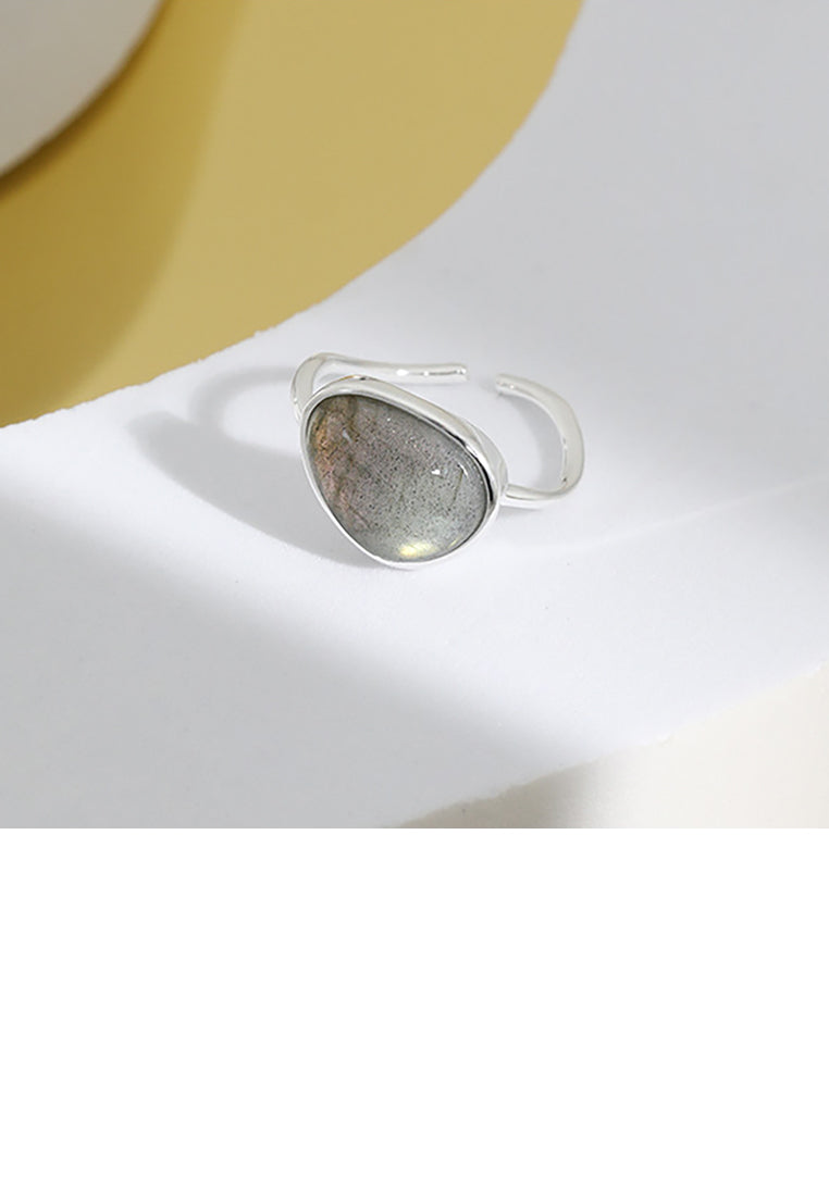 925 Sterling Silver Fashion Simple Geometric Imitation Moonstone Adjustable Opening Ring