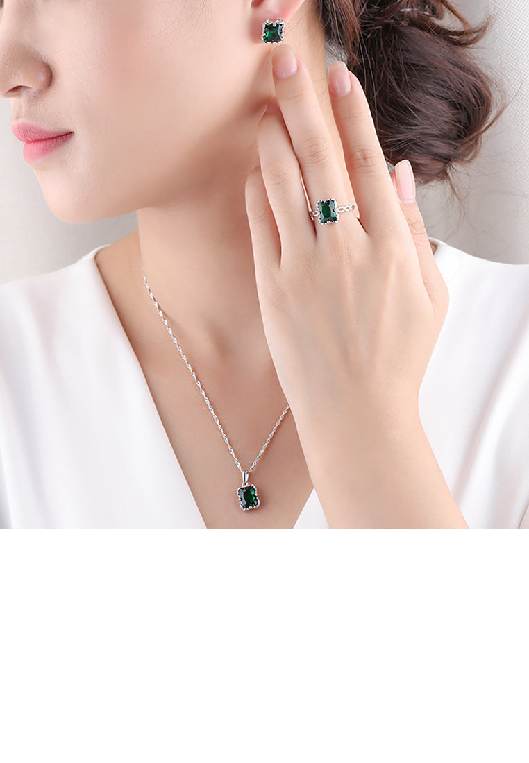 925 Sterling Silver Fashion Simple Geometric Square Green Cubic Zirconia Adjustable Ring - Luxurious Look