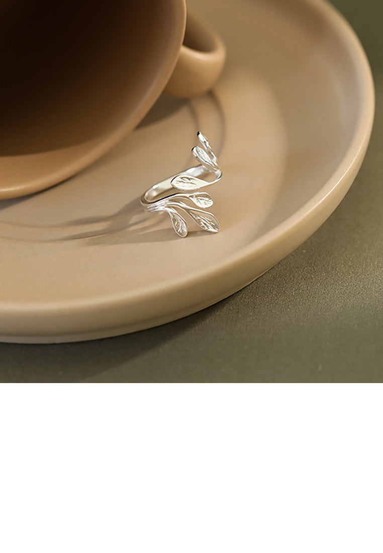 925 Sterling Silver Fashion Simple Olive Branch Leaf Adjustable Open Ring