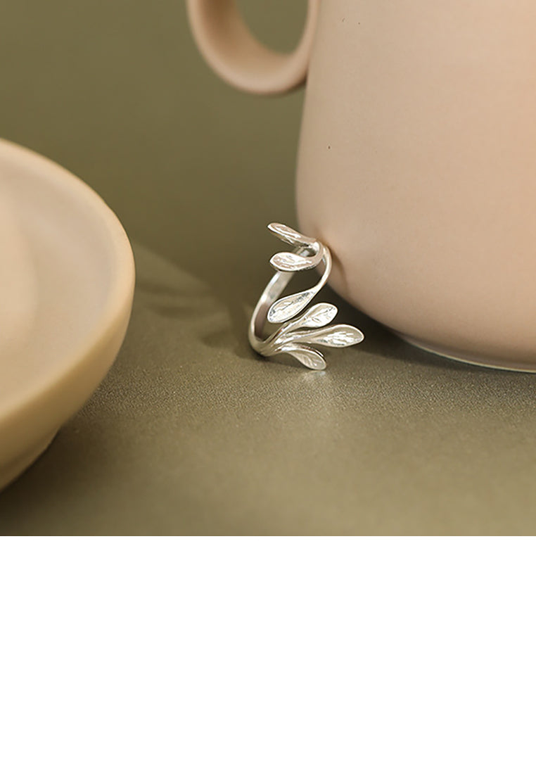 925 Sterling Silver Fashion Simple Olive Branch Leaf Adjustable Open Ring