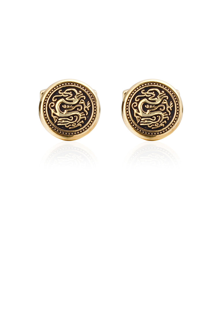 Fashion Vintage Plated Gold Chinese Dragon Geometric Round Cufflinks
