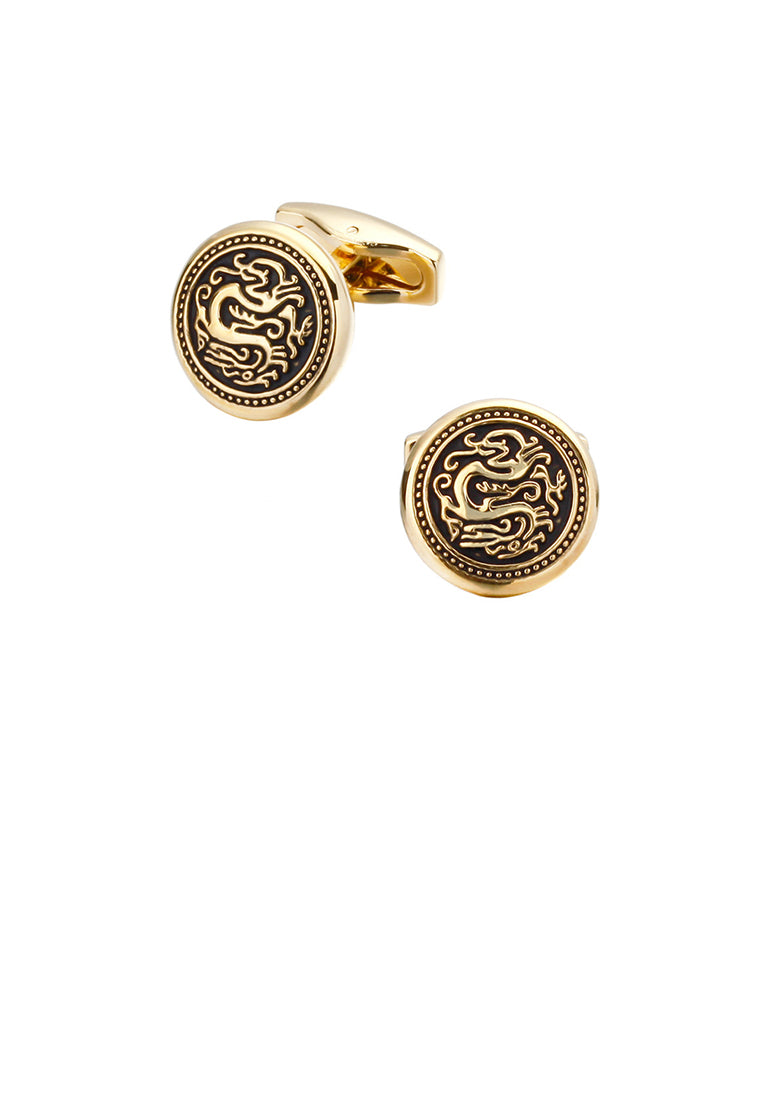 Fashion Vintage Plated Gold Chinese Dragon Geometric Round Cufflinks