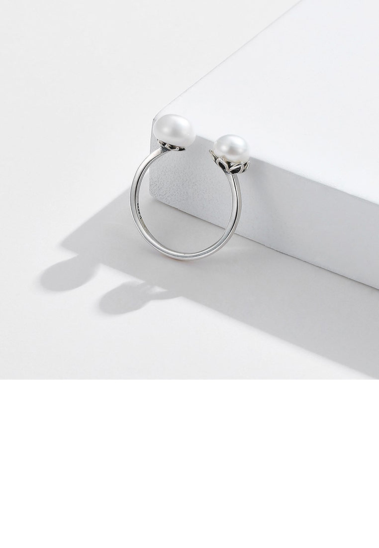 925 Sterling Silver Fashion and Elegant Freshwater Pearl Adjustable Open Ring - Luxurious Look