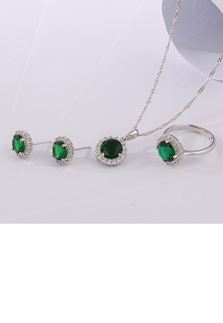 925 Sterling Silver Elegant Bright Geometric Round Adjustable Ring with Green Cubic Zirconia - Luxurious Look