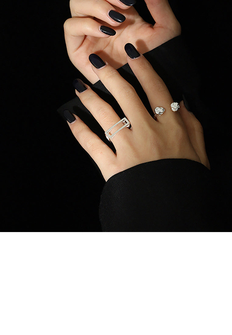 925 Sterling Silver Fashion Simple Hollow Rectangle Adjustable Open Ring