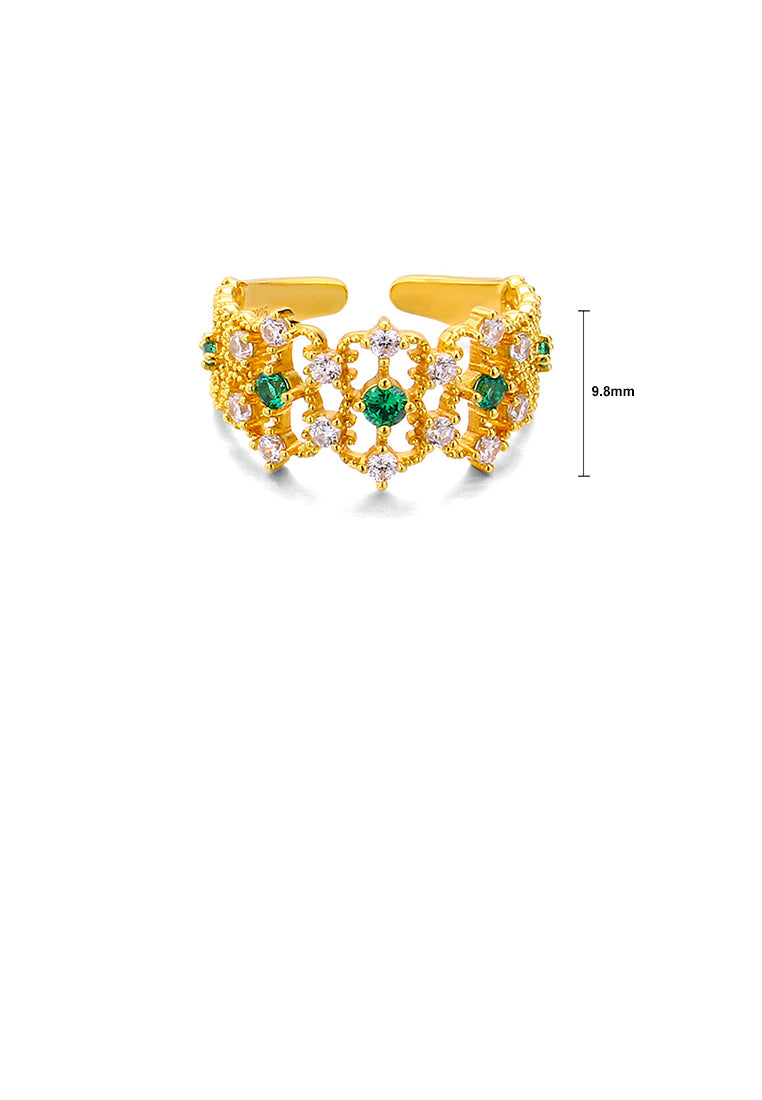 925 Sterling Silver Plated Gold Elegant Vintage Pattern Geometric Adjustable Opening Ring with Green Cubic Zirconia - Luxurious Look