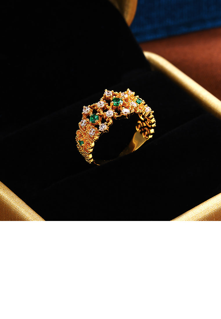 925 Sterling Silver Plated Gold Elegant Vintage Pattern Geometric Adjustable Opening Ring with Green Cubic Zirconia - Luxurious Look