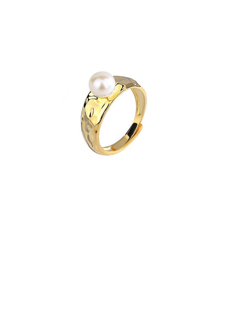 925 Sterling Silver Plated Gold Bump Geometric Freshwater Pearl Adjustable Ring - Luxurious Look