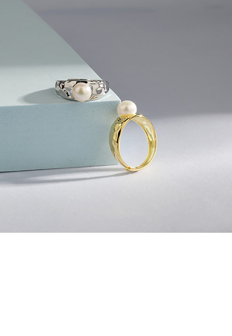 925 Sterling Silver Plated Gold Bump Geometric Freshwater Pearl Adjustable Ring - Luxurious Look