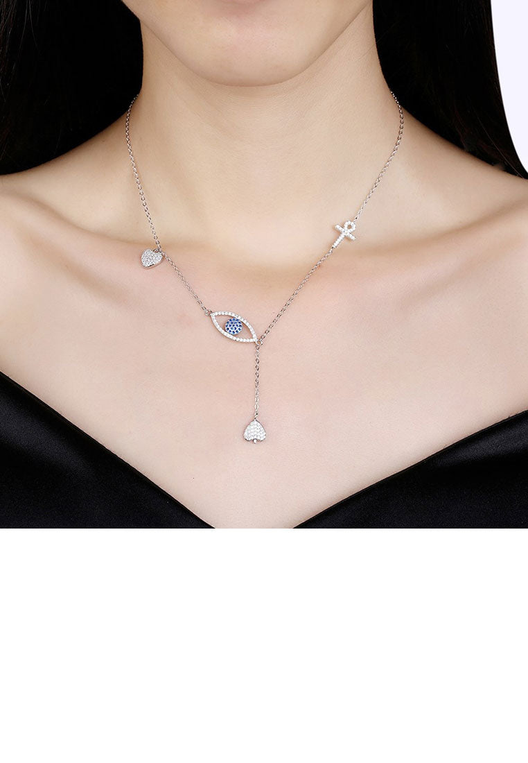 925 Sterling Silver Eye Necklace with Blue Austrian Element Crystal