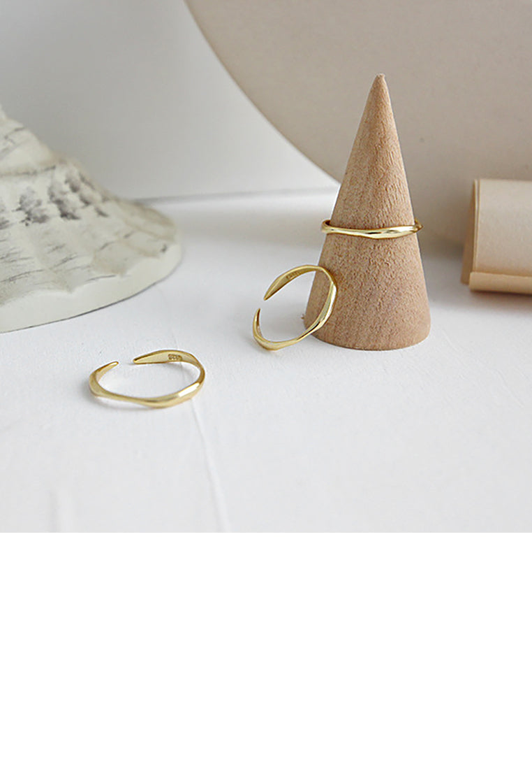 925 Sterling Silver Plated Gold Simple Temperament Irregular Wave Pattern Geometric Adjustable Opening Ring