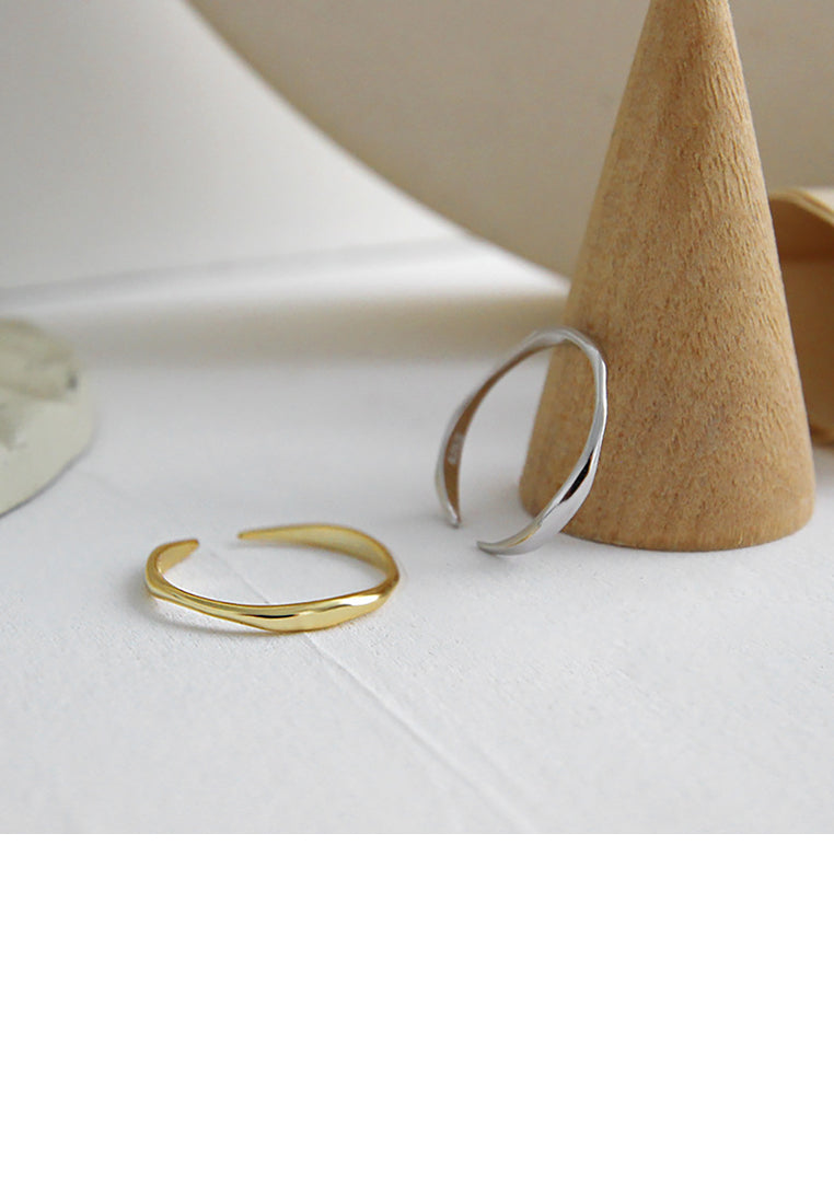 925 Sterling Silver Plated Gold Simple Temperament Irregular Wave Pattern Geometric Adjustable Opening Ring