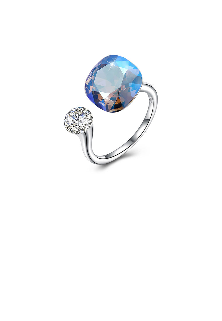 925 Sterling Silver Simple Geometric Square Adjustable Split Ring with Dark Blue Austrian Element Crystal