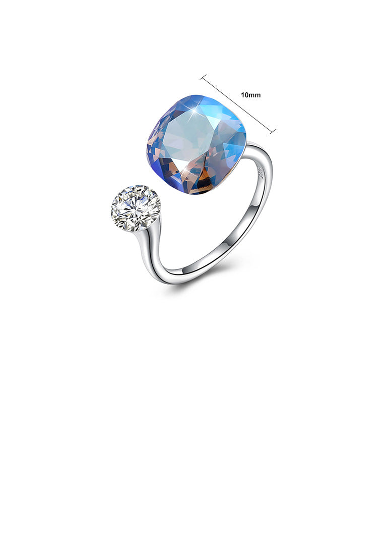 925 Sterling Silver Simple Geometric Square Adjustable Split Ring with Dark Blue Austrian Element Crystal