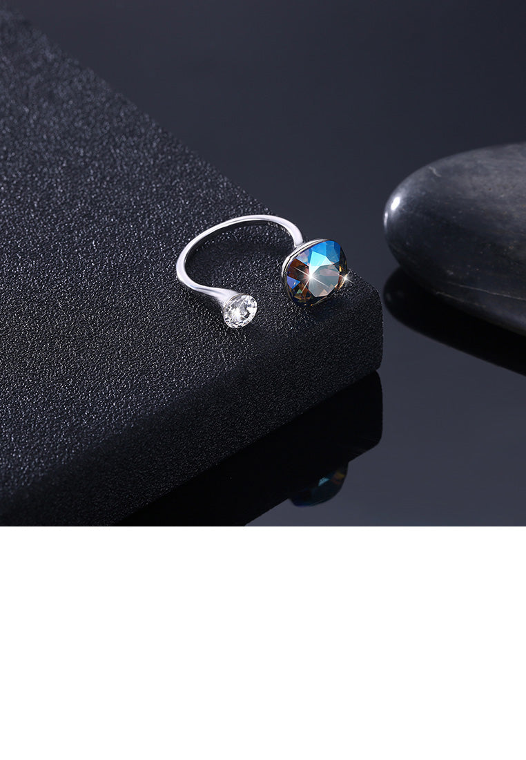 925 Sterling Silver Simple Geometric Square Adjustable Split Ring with Dark Blue Austrian Element Crystal