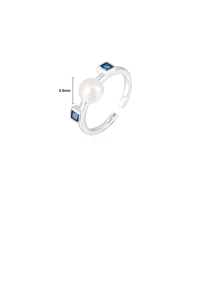 925 Sterling Silver Fashion Simple Geometric Square Freshwater Pearl Adjustable Opening Ring with Cubic Zirconia - Luxurious Look