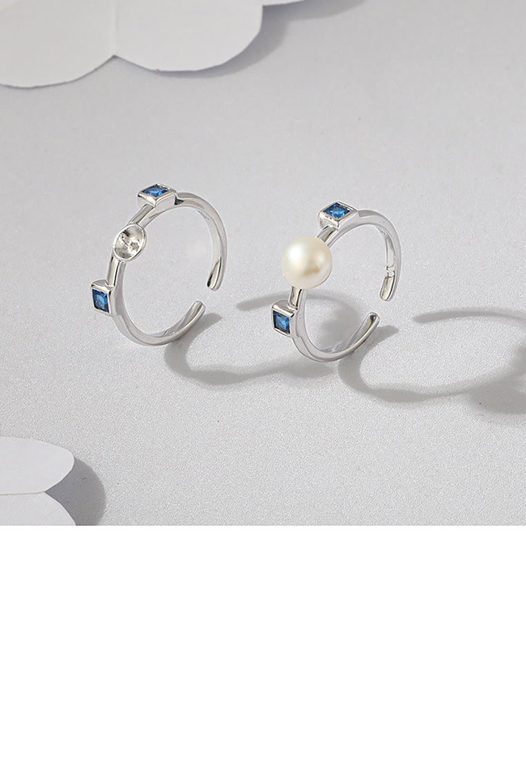 925 Sterling Silver Fashion Simple Geometric Square Freshwater Pearl Adjustable Opening Ring with Cubic Zirconia - Luxurious Look