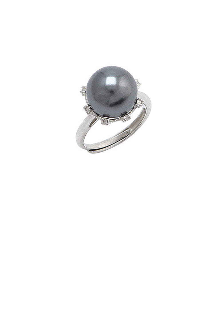 925 Sterling Silver Fashion Simple Geometric Black Freshwater Pearl Adjustable Ring with Cubic Zirconia - Luxurious Look
