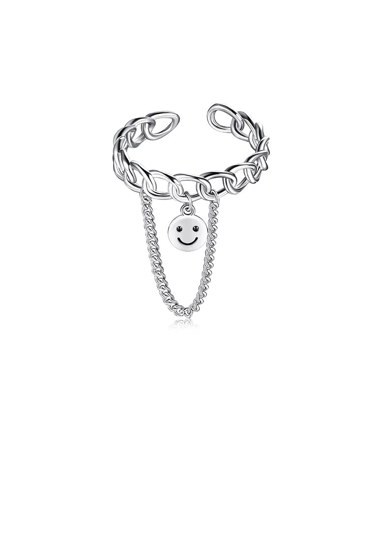 925 Sterling Silver Fashion Cute Hollow Geometric Smiley Face Tassel Adjustable Opening Ring
