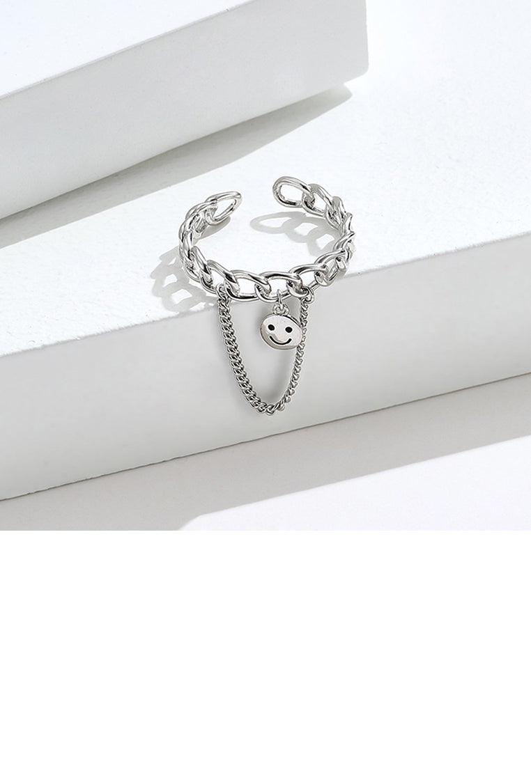 925 Sterling Silver Fashion Cute Hollow Geometric Smiley Face Tassel Adjustable Opening Ring