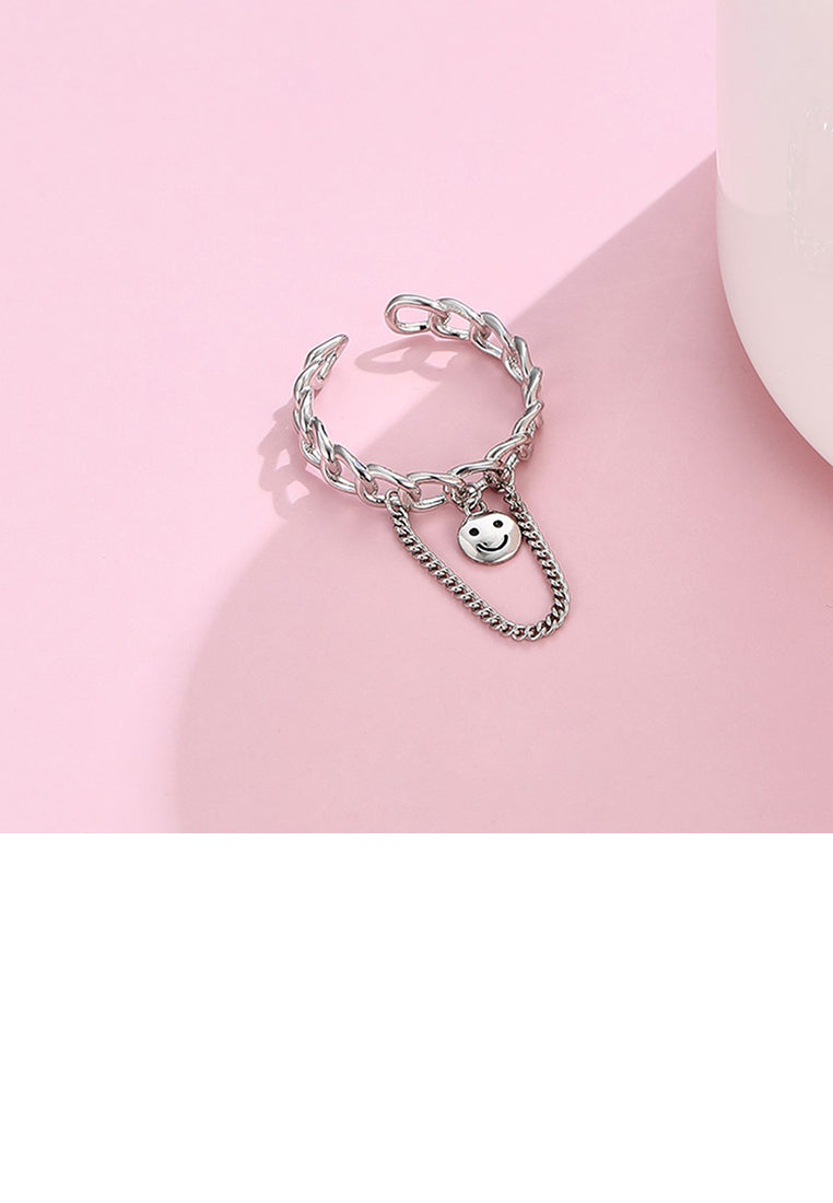 925 Sterling Silver Fashion Cute Hollow Geometric Smiley Face Tassel Adjustable Opening Ring