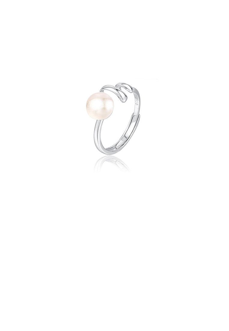 925 Sterling Silver Simple Temperament Geometric Ripple White Freshwater Pearl Adjustable Ring - Luxurious Look