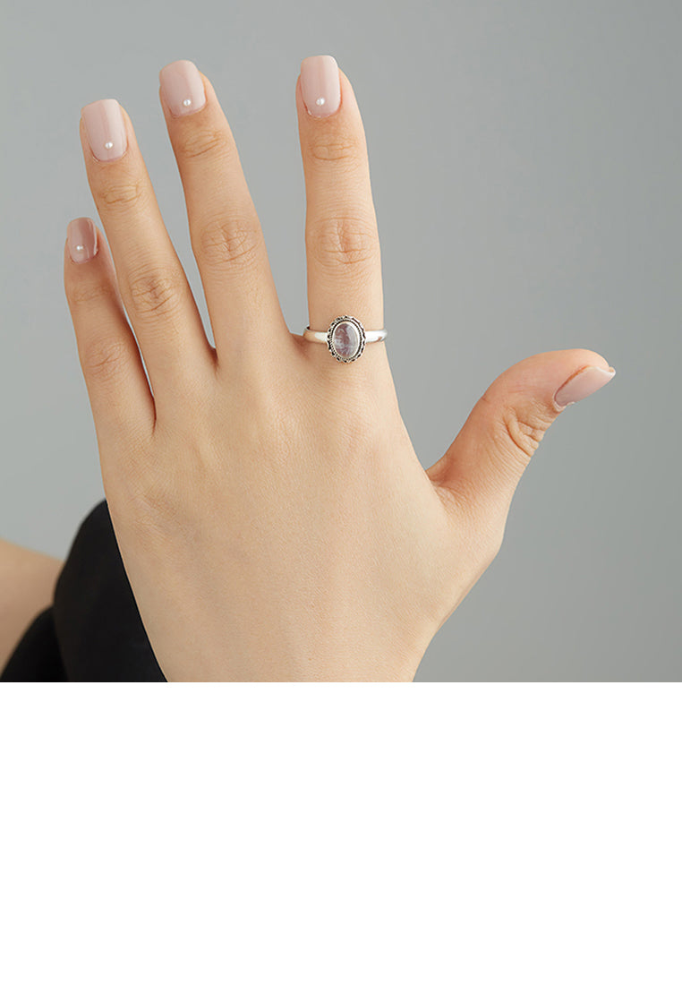 925 Sterling Silver Fashion and Elegant Geometric Oval Imitation Opal Adjustable Open Ring