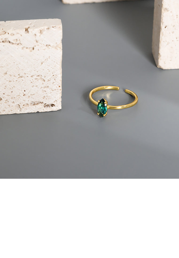 925 Sterling Silver Plated Gold Simple Fashion Green Cubic Zirconia Geometric Adjustable Opening Ring - Luxurious Look
