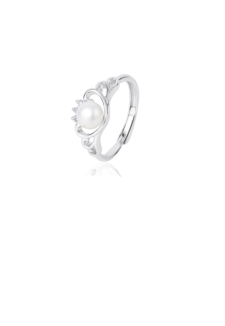 925 Sterling Silver Fashion Simple Heart Shaped Freshwater Pearl Adjustable Ring with Cubic Zirconia - Luxurious Look