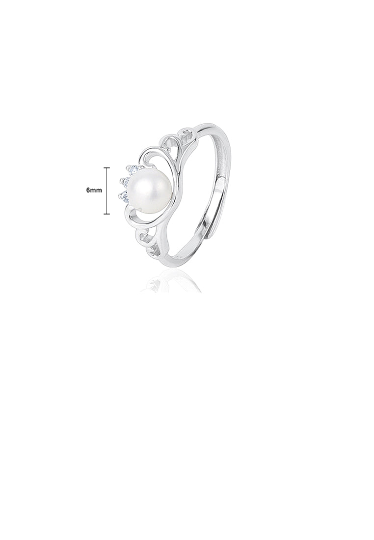 925 Sterling Silver Fashion Simple Heart Shaped Freshwater Pearl Adjustable Ring with Cubic Zirconia - Luxurious Look