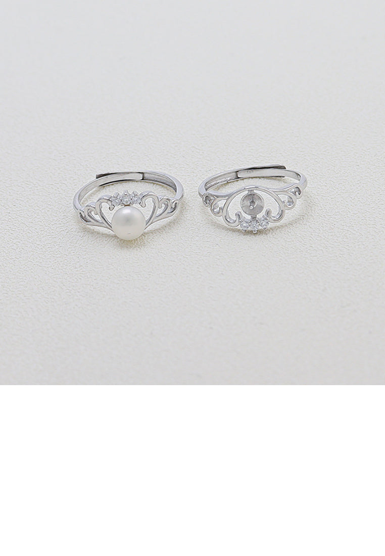 925 Sterling Silver Fashion Simple Heart Shaped Freshwater Pearl Adjustable Ring with Cubic Zirconia - Luxurious Look