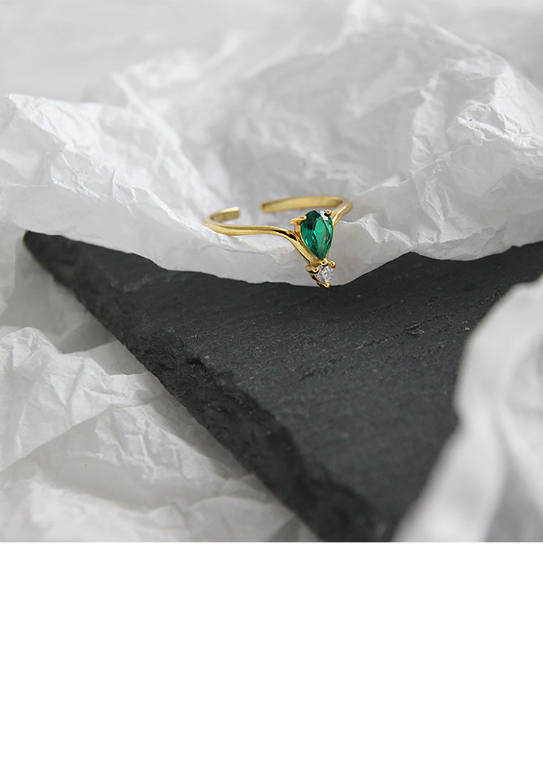 925 Sterling Silver Plated Gold Simple Fashion Geometric Green Cubic Zirconia Adjustable Opening Ring - Luxurious Look