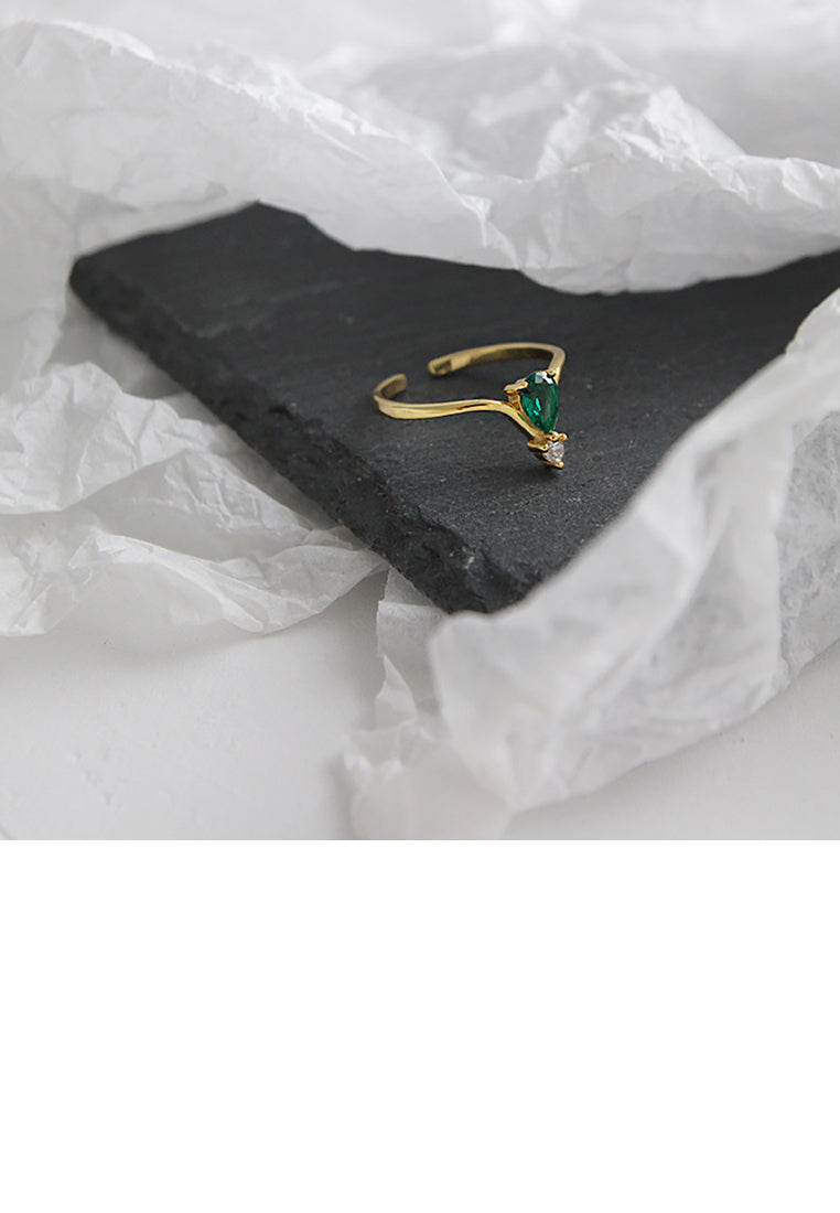 925 Sterling Silver Plated Gold Simple Fashion Geometric Green Cubic Zirconia Adjustable Opening Ring - Luxurious Look