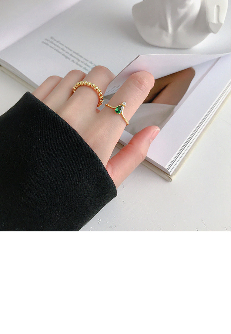 925 Sterling Silver Plated Gold Simple Fashion Geometric Green Cubic Zirconia Adjustable Opening Ring - Luxurious Look
