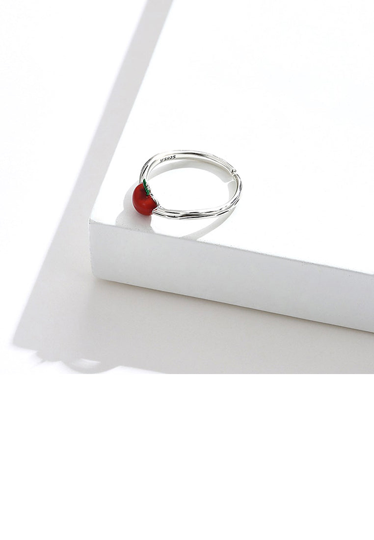925 Sterling Silver Sweet Simple Enamel Apple Adjustable Open Ring