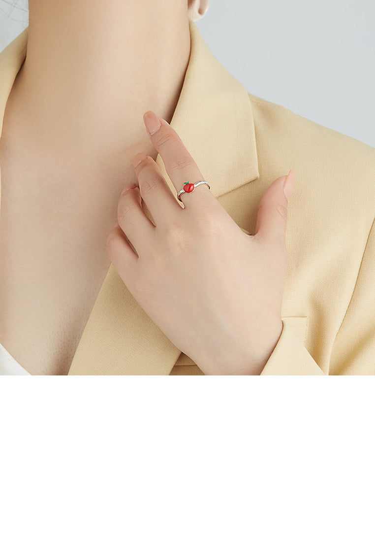 925 Sterling Silver Sweet Simple Enamel Apple Adjustable Open Ring
